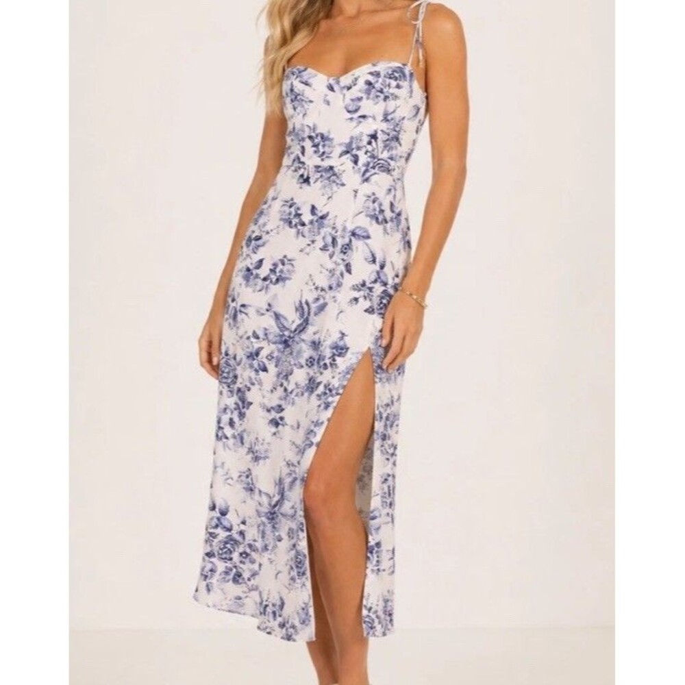 Petal and Pup Azelia Dress Blue White Floral Midi Slit Cottagecore Coquette 4